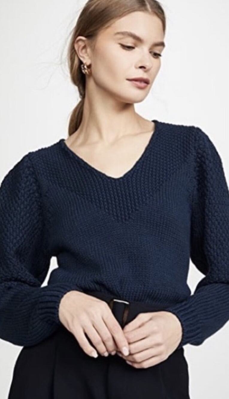 Brochu Walker Kara Vee Puff Sleeve Sweater Navy Chunky Knit Womens Medium